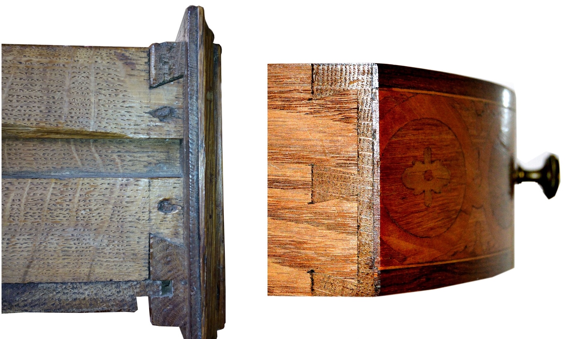 Détail de l'assemblage d'un tiroir ancien — queues-d'aronde irrégulières